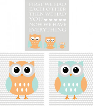 Set of 3 Gray, Aqua and Orange Owl Nursery Quote Print - 8x10