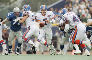 Denver Broncos quarterback John Elway (7) drops back to hand the ball ...