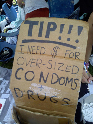 funny homeless sign condom drugs