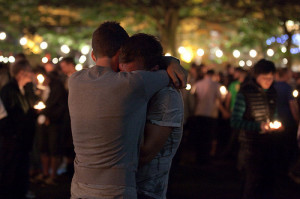 boy, boys, couple, cute, gay, guy, hug, lights, love, night, passion ...