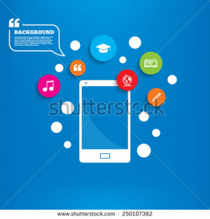 Smartphone with speech bubble. Pencil and open book icons. Graduation ...