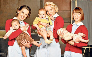 Holding the baby: Jessica Raine, Helen George and Bryony Hannah in the ...