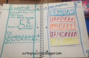 Page 2 has notes about Exponents. Page 3 has our PEMDAS foldable