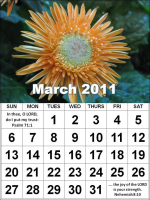 Calendar 2011 with bible verses for March 2011 with spaces for notes