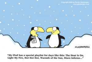 One penguin says to another: 