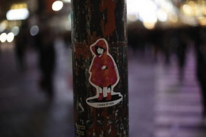 Little girl with a message 'No Nuclear Rain' on sticker art seen on a ...