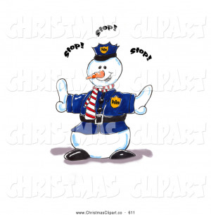 Clipart of a Cute Police Snowman Directing People to Stop