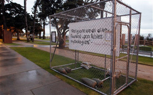 sign with an atheist message is displayed along Ocean Avenue at ...