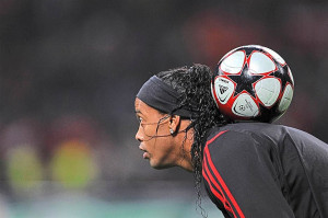 Brasilian footballer Ronaldinho practicing before a match. Freestyle ...
