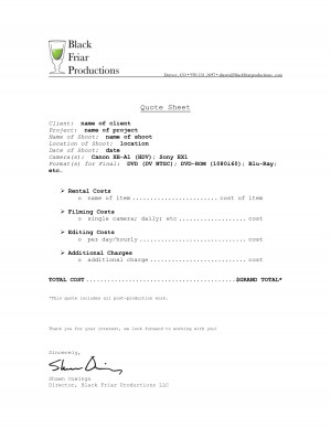 Video Production Quote Sheet