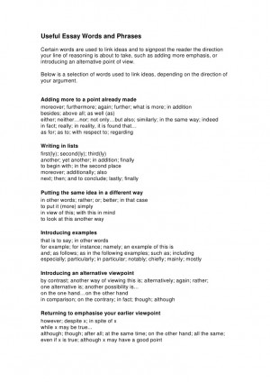 Useful Essay Words and Phrases Certain words are used to link ideas ...
