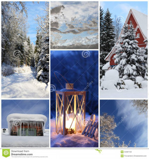 ... collage with snow, latern, forest - winter season - snowy trees