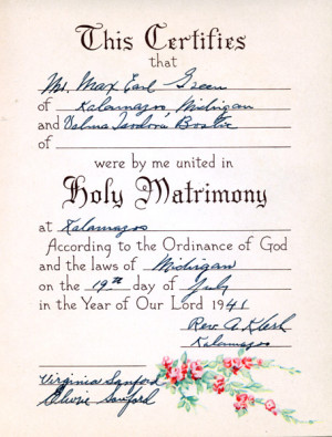 Marriage Certificate for Max Green and Velma Bostic