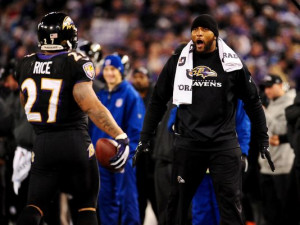 running back Ray Rice (27) is congratulated by linebacker Ray Lewis ...