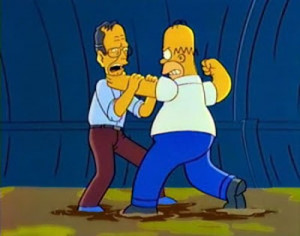 homer, as many of us have, fights george bush sr. in the sewer