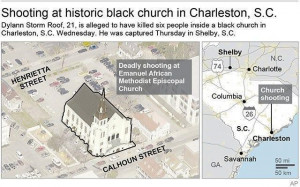 Map locates Charleston, S.C., site of a church shooting; 3c x 3 inches ...