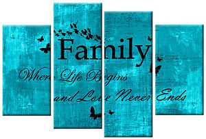 about FAMILY QUOTE CANVAS PICTURE TEAL TURQUOISE BLACK 4 PANEL SPLIT ...