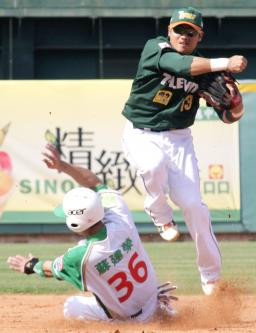 Uni-President Lions’ Chen Yung-chi throws to first as the Sinon ...
