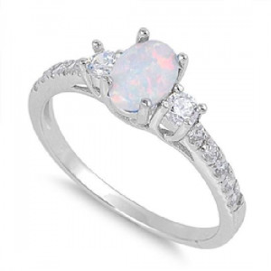 OVAL WHITE FIRE OPAL Vintage Style 3 Stone Promise Ring Sterling