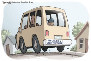 Cartoon of car with a bumper sticker that reads 
