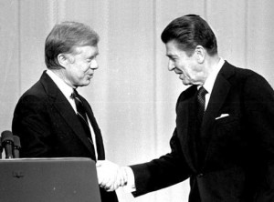 Confederate president Jimmy Carter and Ronald Reagan shaking hands ...
