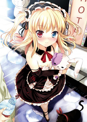 blonde anime girl, cute blonde anime girl holding a stuffed animal