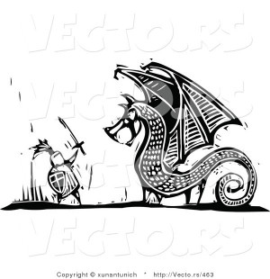 vector-of-a-brave-knight-fighting-a-dragon-black-and-white-woodcut-by ...