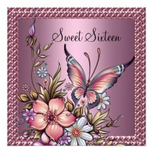 Sweet 16 Birthday Elegant Floral Butterfly Pink Personalized Invites