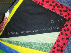 ... or For Sale, have a Bible verse stitched on it. 