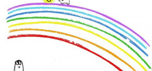 Happiness is, a smiley face and a kitten on a rainbow.