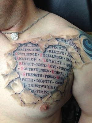 Torn skin tattoo, heart tattoo by David Justice.