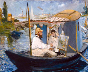 Claude Monet con su esposa en su estudio flotante, (1874)