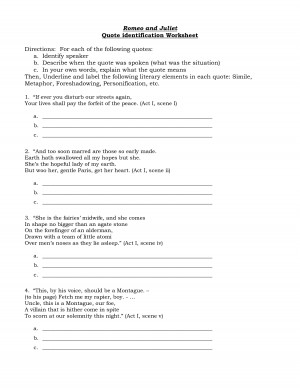 Romeo and Juliet Quote identification Worksheet - PDF