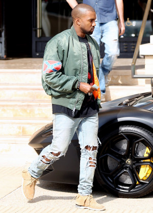 Kanye West wears a jacket marked with the Confederate flag to Barneys ...