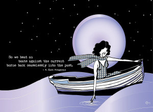 1920s Gatsby Girl Sailing With F Scott Fitzgerald Quote Drawing