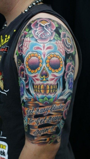 Mexican sugar skull tattoo with quote