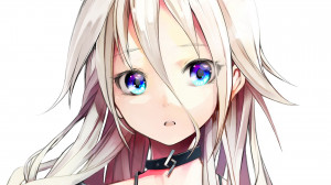 Anime girl with blue eyes and white hair, wearing a choker