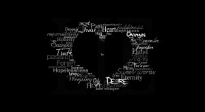 Heart made by words in black background - Is Love a lie?
