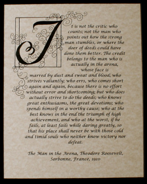 Print, The Man in the Arena, Quote by Theodore Roosevelt, Calligraphy ...