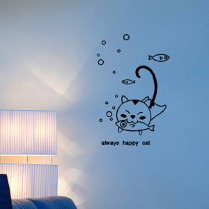 Free Shipping Happy Cat Eat Bubble Fish Wall Sticker Kid Living Room ...