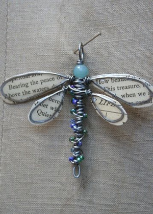 Dragonfly from wire, bead & book page – cute as ornament, fan chain ...