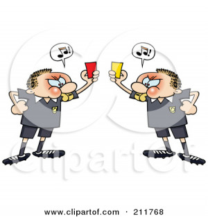 Angry Soccer Referee Toon Guys Holding Up Yellow And Red Pen...