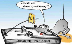 Funny cartoon picture of free cheese and a mouse in mousetrap