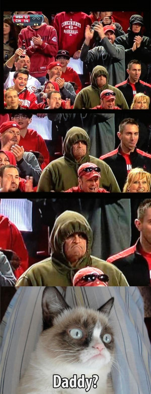 Grumpy cat finds his dad.... At a Reds game yay boy!!!