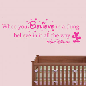 Magenta Disney When You Believe in a Thing wall decal above a crib