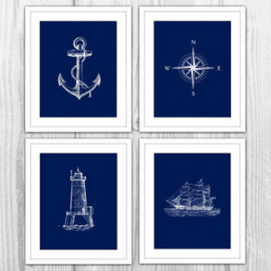 Navy Nautical Set of 4 Art Prints - Navy Blue & White Anchor, Compass ...