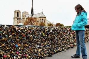 ... : The Love Lock Bridge Behind Notre-Dame Cathedral In Paris, France