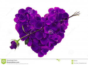 Purple rose petals in the shape of a heart with single green arrow.
