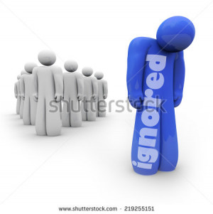 Ignored word on a blue 3d person standing sad and depressed apart from ...
