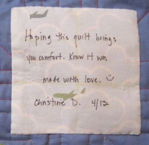 Label for a donated quilt to Ronald McDonald house